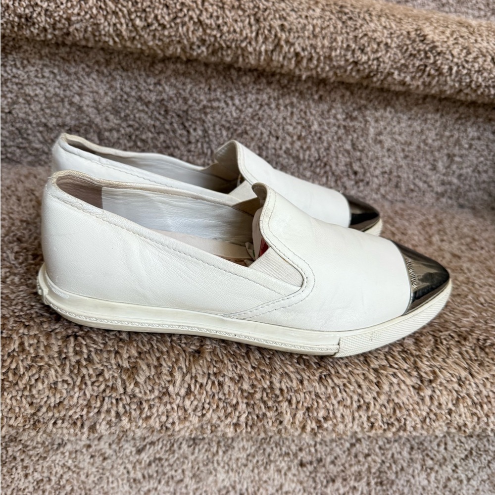 Miu Miu Cream Slip-On Flats with Silver Tips - Picture 3 of 16